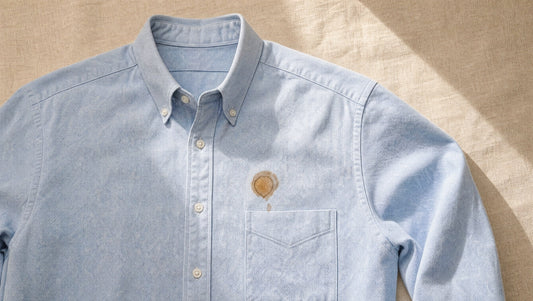 Mancha de café en camisa celeste de oficina