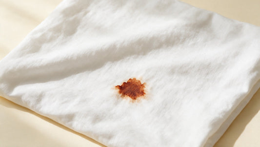 Mancha de sangre seca en sábana blanca de algodón