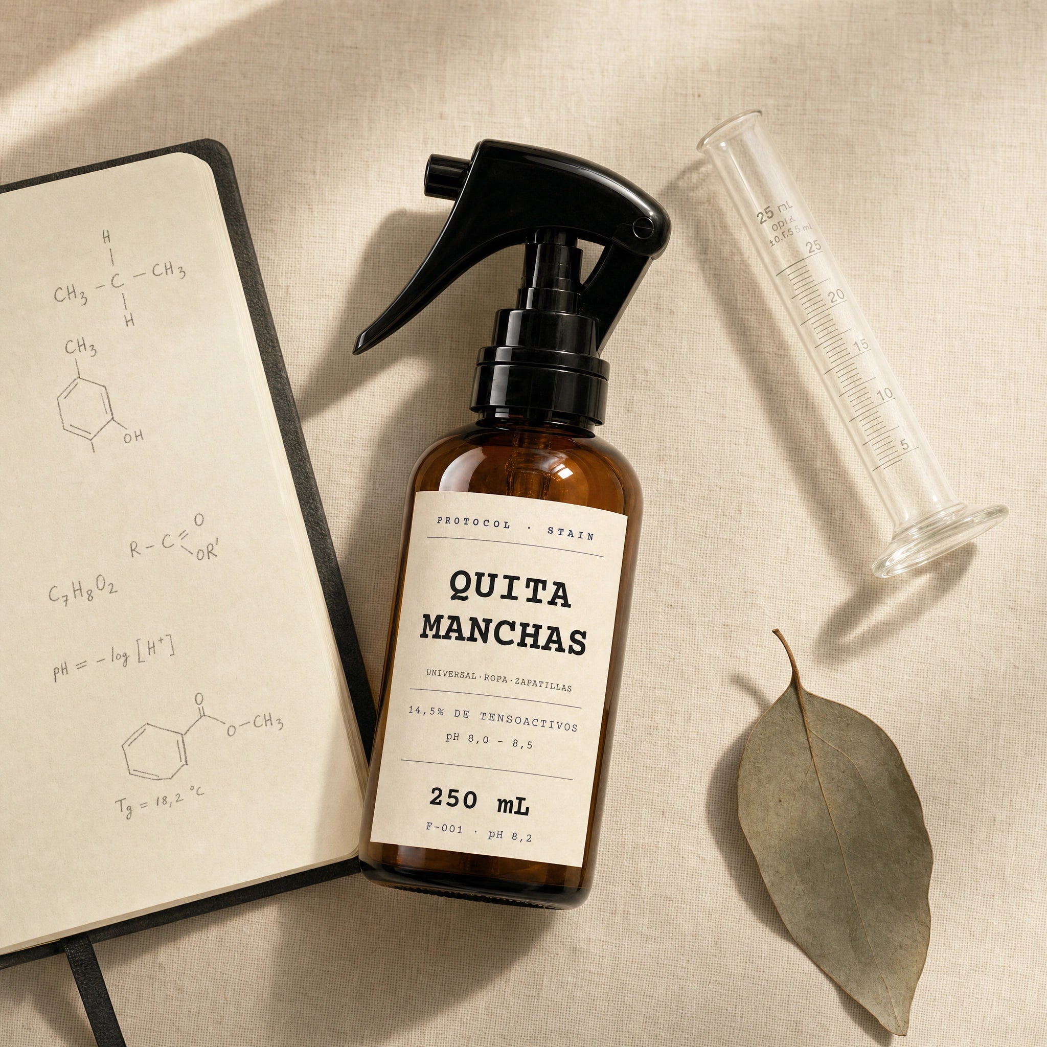 Flat lay con envase Protocol Stain, libreta de fórmula F-001 y vaso de laboratorio